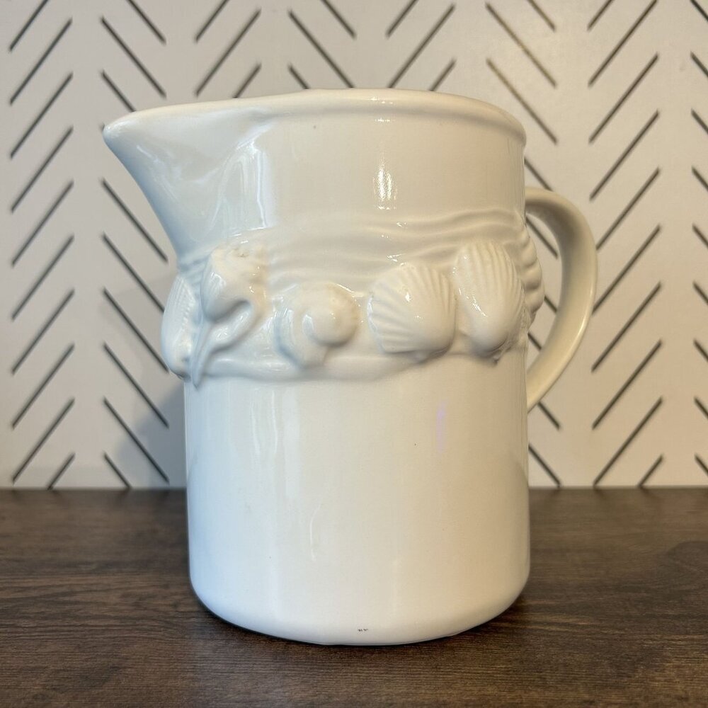 VTG Ceramic Seashells Starfish Pitcher Raised White 1993 CBK Taiwan Beach House